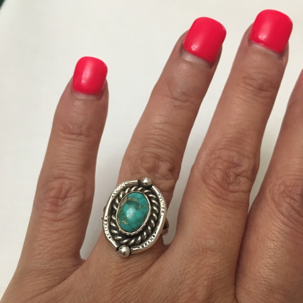 Indigenous Aztec Sterling Turquoise Ring 5.5
